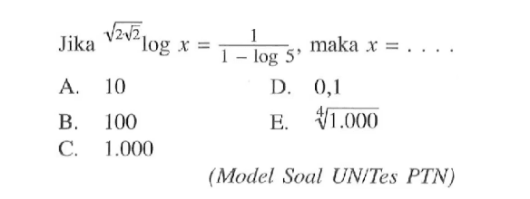 Jika (akar(2 akar(2)))logx = 1/(1-log5), maka x = ....