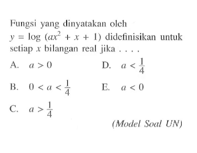 Fungsi yang dinyatakan oleh y=log(ax^2+x+1) didefinisikan untuk setiap x bilangan real jika ... (Model Soal UN)