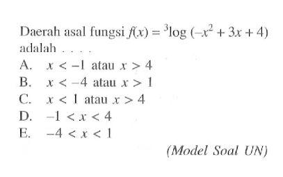 Daerah asal fungsi f(x)=3log(-x^2+3x+4) adalah .... (Model Soal UN)