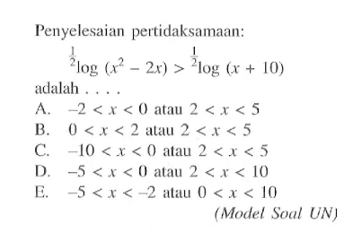 Penyelesaian pertidaksamaan: (1/2)log(x^2-2x)>(1/2)log(x+10) adalah . . . .