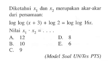 Diketahui x1 dan x2 merupakan akar-akar dari persamaan: loglog(x+3)+log2=loglog16x. Nilai x1 x2=.... (Model Soal UN/Tes PTS)