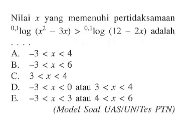 Nilai x yang memenuhi pertidaksamaan (0,1)log(x^2-3x)>(0,1)log(12-2x) adalah . . . . (Model Soal UAS/UN/Tes PTN)