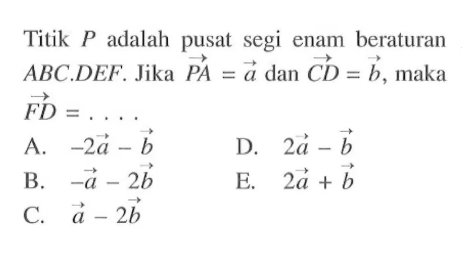 Titik P adalah pusat segi enam beraturan  ABC.DEF. Jika  PA=a  dan  CD=b , maka FD=.... 