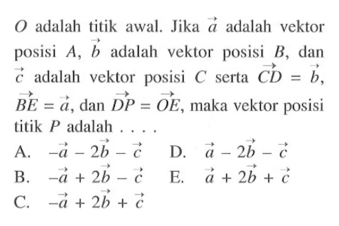 O adalah titik awal. Jika a adalah vektor posisi A, b  adalah vektor posisi B, dan c adalah vektor posisi C serta CD=b, BE=a, dan DP=OE, maka vektor posisi titik P adalah ..