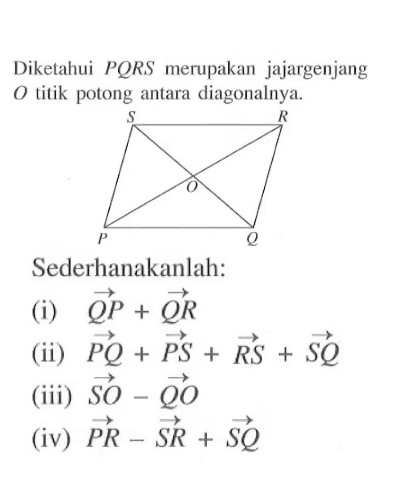 Diketahui PQRS merupakan jajargenjang  O  titik potong antara diagonalnya.Sederhanakanlah: (i) vektor QP+ vektor QR (ii)  vektor PQ+vektor PS+ vektor RS+ vektor SQ (iii) vektor SO- vektor QO (iv) vektor PR-vektor SR+ vektor SQ 