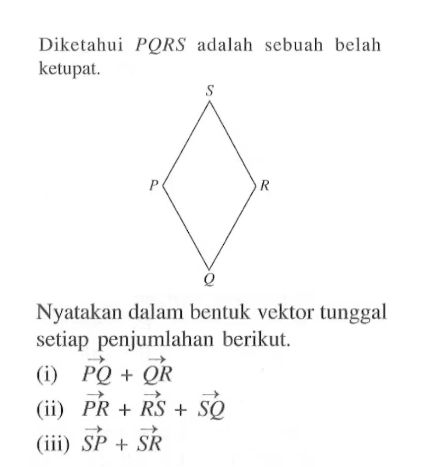 Diketahui PQRS adalah sebuah belah ketupat. Nyatakan dalam bentuk vektor tunggal setiap penjumlahan berikut. (i) vektor PQ + vektor QR (ii) vektor PR + vektor RS + vektor SQ (iii) vektor SP + vektor SR 