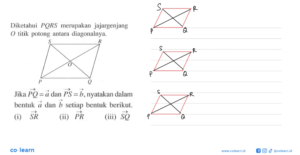 Diketahui PQRS merupakan jajargenjang O titik potong antara diagonalnya.Jika vektor PQ=a dan vektor PS= b, nyatakan dalam bentuk  a dan b setiap bentuk berikut.(i) vektor SR (ii) vektor PR (iii) vektor SQ co learn