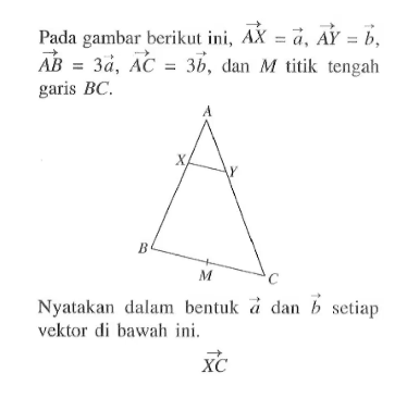 Pada gambar berikut ini, AX=a, AY=b , AB=3a, AC=3b , dan  M  titik tengah garis  BC .A X Y B C MNyatakan dalam bentuk vektor  a  dan vektor  b  setiap vektor di bawah ini.vektor XC