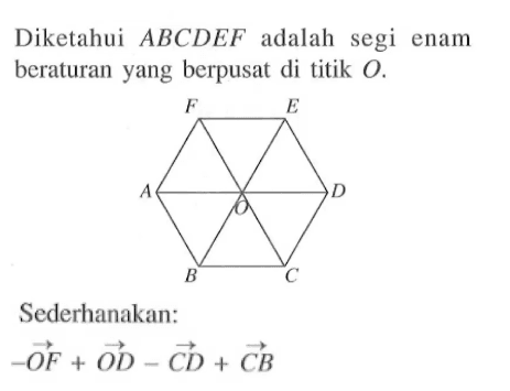 Diketahui ABCDEF adalah segi enam beraturan yang berpusat di titik O.Sederhanakan: vektor -OF+vektor OD-vektor CD+vektor CB 