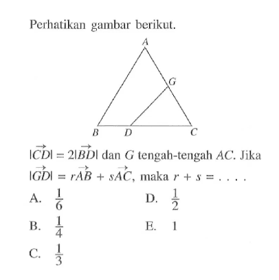 Perhatikan gambar berikut. |vektor CD|=2|vektor BD| dan G tengah-tengah AC. Jika |vektor GD|=r vektor AB+s vektor AC, maka r+s=... 