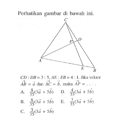 Perhatikan gambar di bawah ini.CD:DB=3:5, AE:EB=4:1  Jika vektor AB=a dan vektor AC=b, maka vektor AP=... 