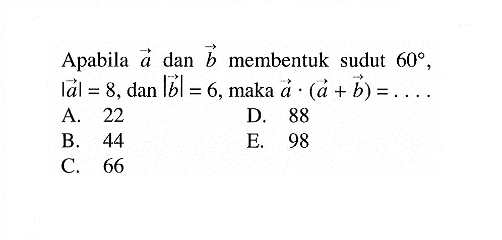 Apabila a dan b membentuk sudut 60, |a|=8 , dan  |b|=6 , maka  a .(a+b)=.... 