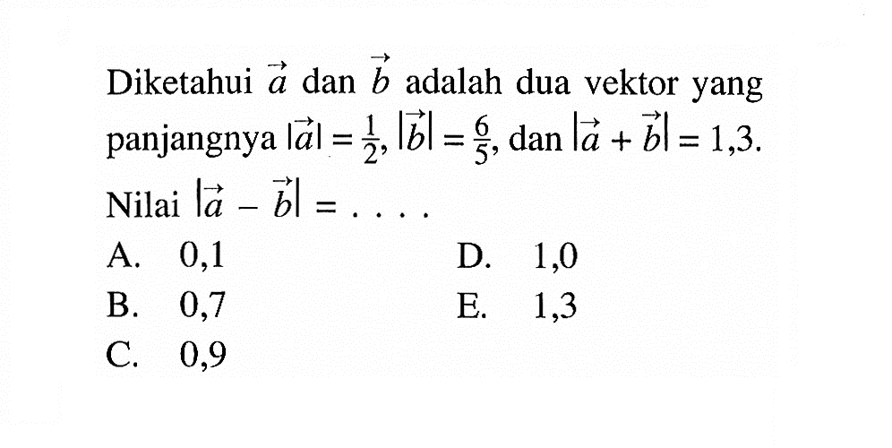 Diketahui  a  dan  b  adalah dua vektoryang panjangnya  |a|=1/2,|b|=6/5 , dan  |a+b|=1,3  Nilai  |a-b|=.... 