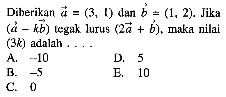 Diberikan vektor a=(3,1) dan vektor b=(1,2). Jika (a-kb) tegak lurus (2a+b), maka nilai (3k)  adalah ...
