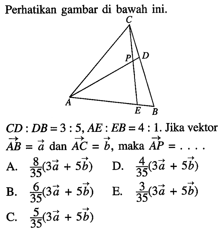 Perhatikan gambar di bawah ini. C P D A E B CD:DB=3:5, AE:EB=4:1. Jika vektor  vektor AB=vektor a dan vektor AC=vektor b, maka vektor AP=.... 