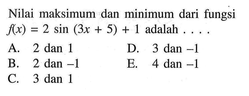 Nilai maksimum dan minimum dari fungsi f(x)=2 sin (3x+5)+1 adalah ... 