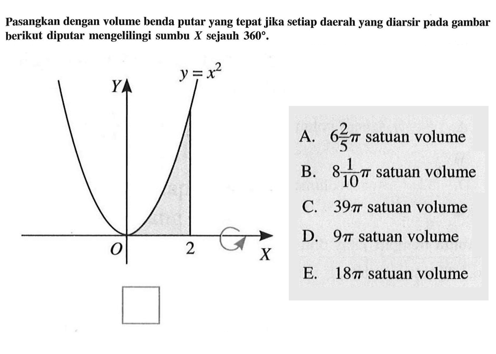 Pasangkan dengan volume benda putar yang tepat jika setiap daerah yang diarsir pada gambar berikut diputar mengelilingi sumbu  X  sejauh  360 . y=x^2