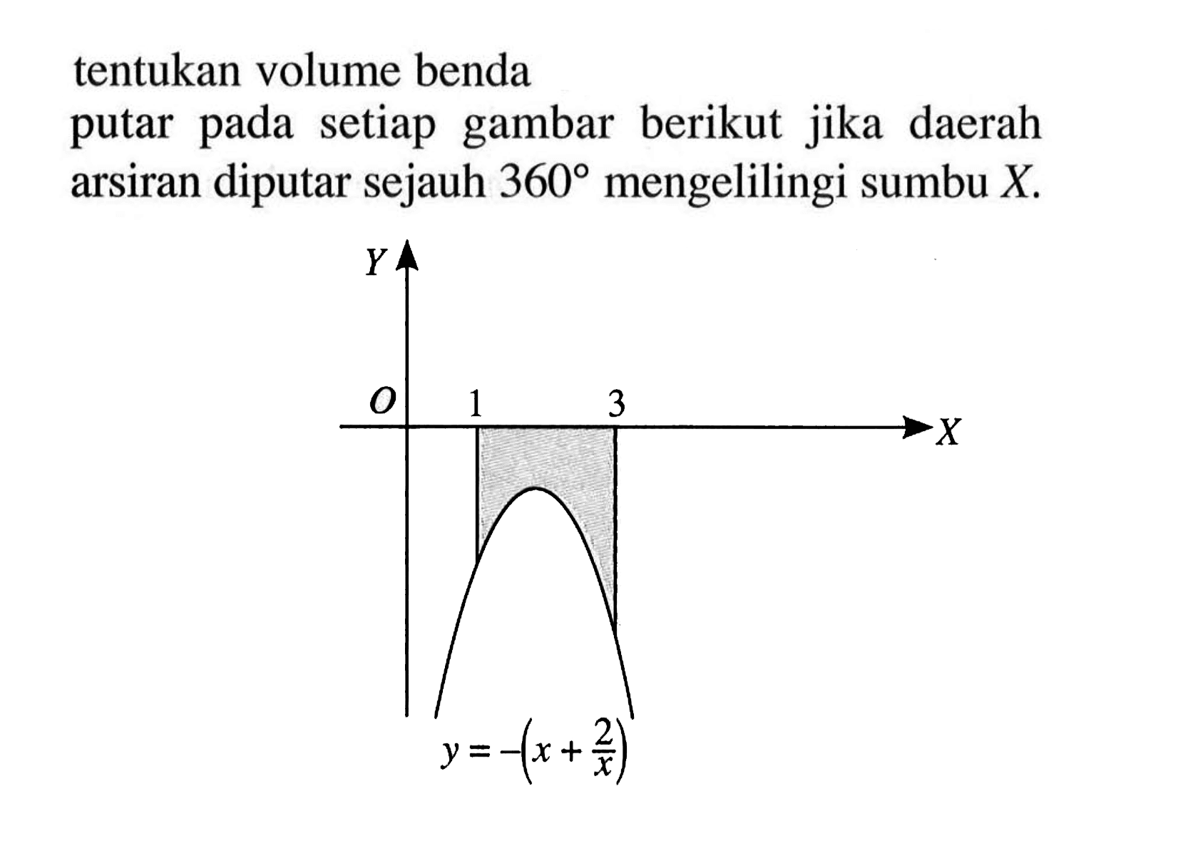 tentukan volume benda putar pada setiap gambar berikut jika daerah arsiran diputar sejauh 360 mengelilingi sumbu X. Y O 1 3 X y=-(x+2/x) 