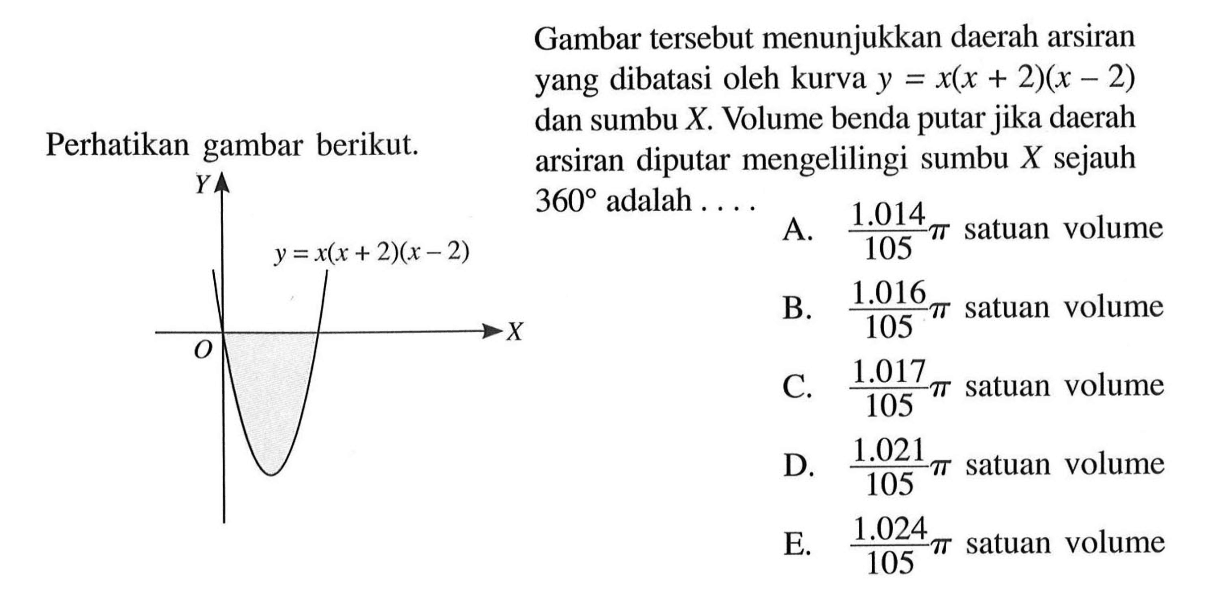 Gambar tersebut menunjukkan daerah arsiran yang dibatasi oleh kurva  y=x(x+2)(x-2)  dan sumbu  X . Volume benda putar jika daerah arsiran diputar mengelilingi sumbu  X  sejauh 360 adalah... Perhatikan gambar berikut. y=x(x+2)(x-2)