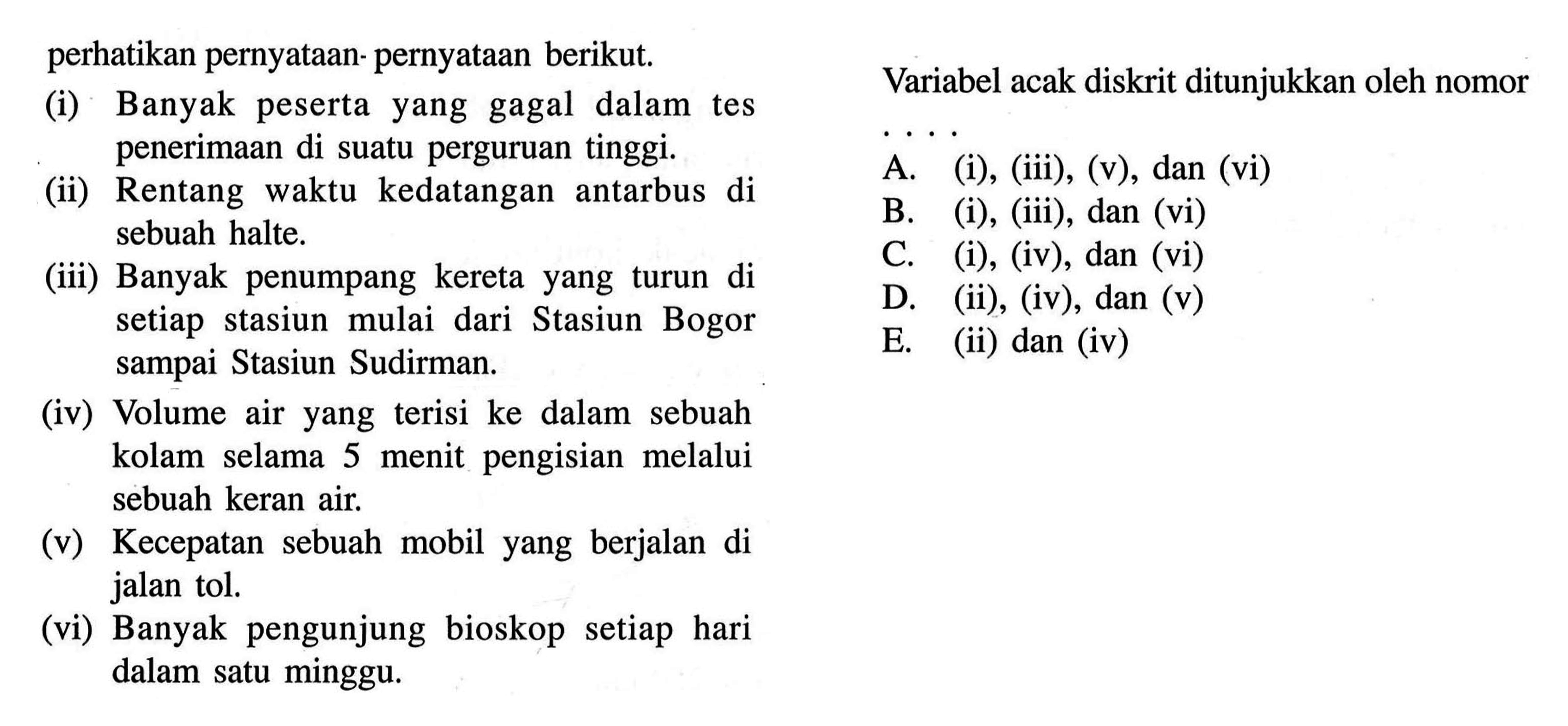 perhatikan pernyataan- pernyataan berikut. (i) Banyak peserta yang gagal dalam tes penerimaan di suatu perguruan tinggi. (ii) Rentang waktu kedatangan antarbus di sebuah halte. (iii) Banyak penumpang kereta yang turun di setiap stasiun mulai dari Stasiun Bogor sampai Stasiun Sudirman. (iv) Volume air yang terisi ke dalam sebuah kolam selama 5 menit pengisian melalui sebuah keran air. (v) Kecepatan sebuah mobil yang berjalan di jalan tol. (vi) Banyak pengunjung bioskop setiap hari dalam satu minggu. Variabel acak disktrit ditunjukkan oleh nomor .... 