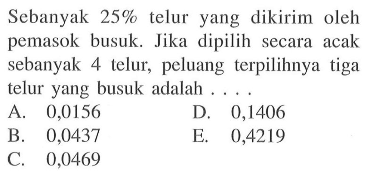 Sebanyak 25% telur yang dikirim oleh pemasok busuk. Jika dipilih secara acak sebanyak 4 telur, peluang terpilihnya tiga telur yang busuk adalah...