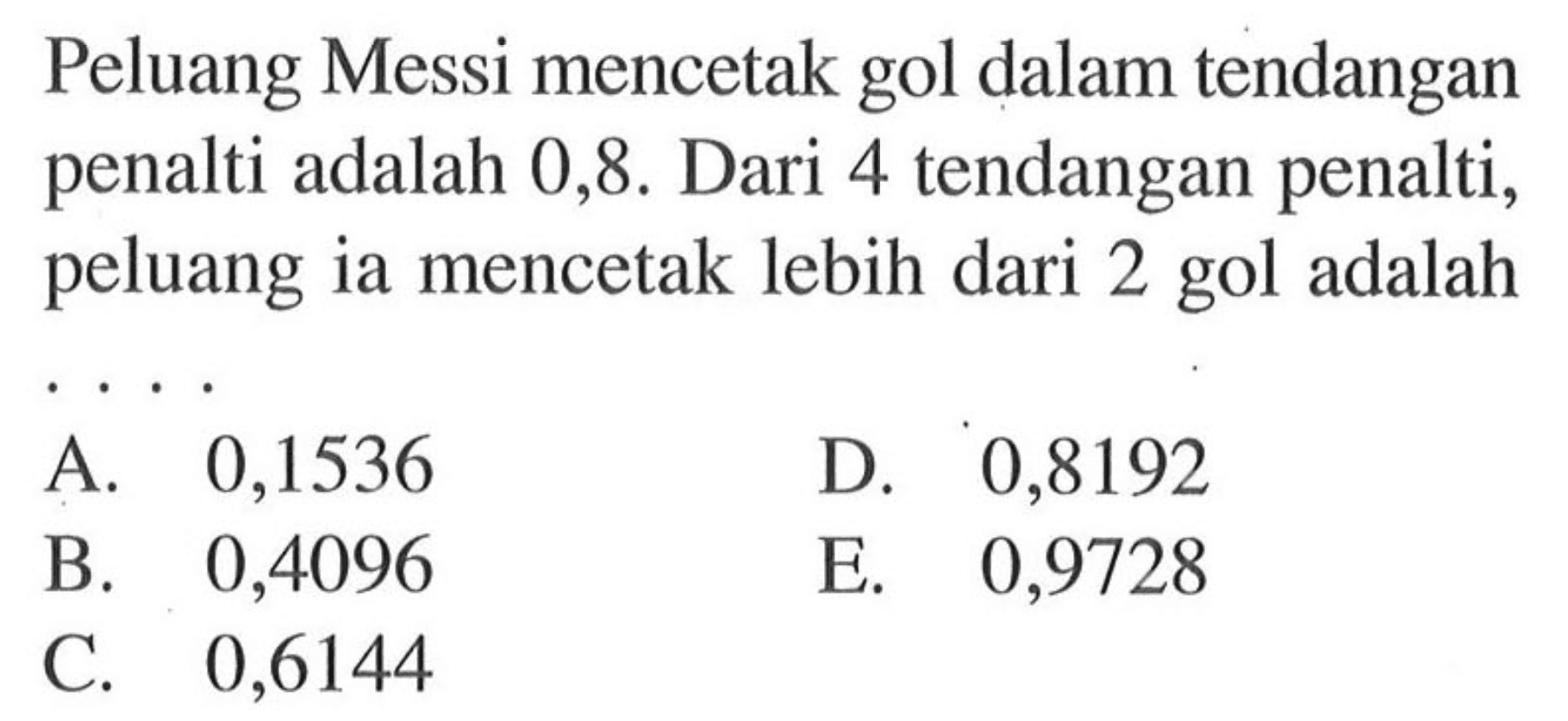 Peluang Messi mencetak gol dalam tendangan penalti adalah 0,8. Dari 4 tendangan penalti, peluang ia mencetak lebih dari 2 gol adalah