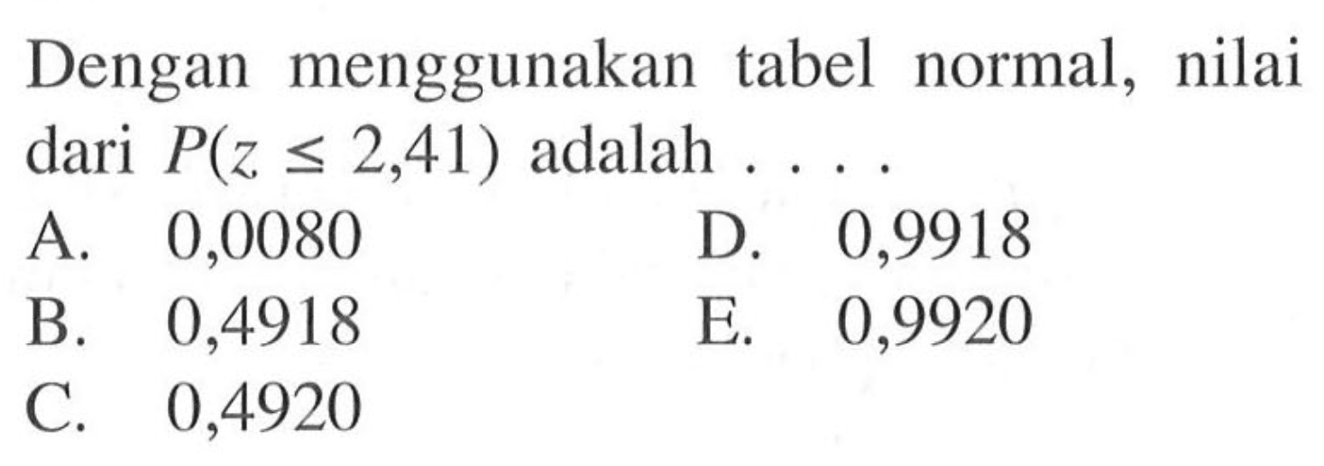 Dengan menggunakan tabel normal, nilai dari  P(z<=2,41)  adalah  ... 
