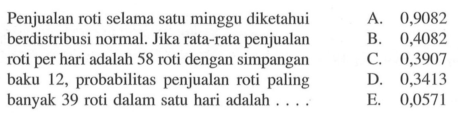 Penjualan roti selama satu minggu diketahui berdistribusi normal. Jika rata-rata penjualan roti per hari adalah 58 roti dengan simpangan baku 12, probabilitas penjualan roti paling banyak 39 roti dalam satu hari adalah . . . .