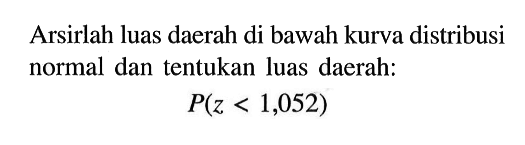 Arsirlah luas daerah di bawah kurva distribusi normal dan tentukan luas daerah: P(z<1,052)