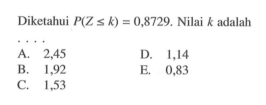 Diketahui P(Z <= k)=0,8729. Nilai k adalah ....