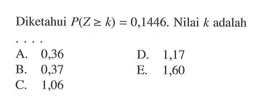 Diketahui P(Z >= k)=0,1446. Nilai k adalah....