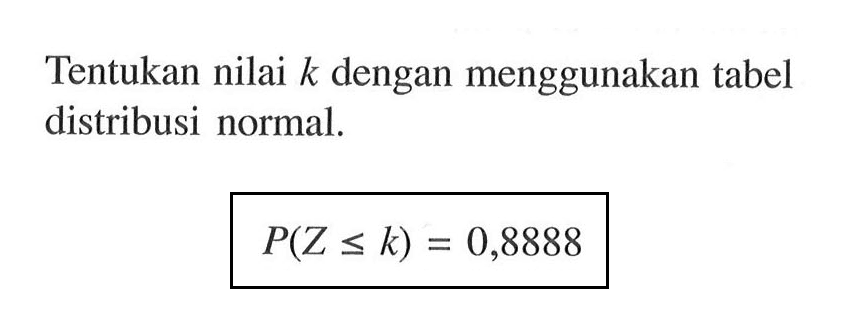 Tentukan nilai  k  dengan menggunakan tabel distribusi normal.P(Z <= k)=0,8888