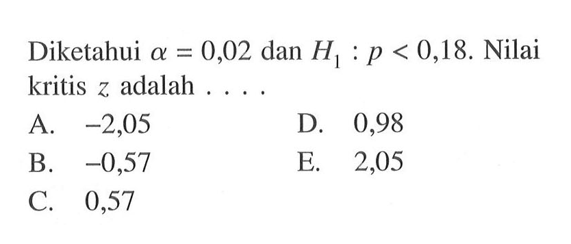 Diketahui a=0,02 dan H1:p<0,18. Nilai kritis z adalah ....