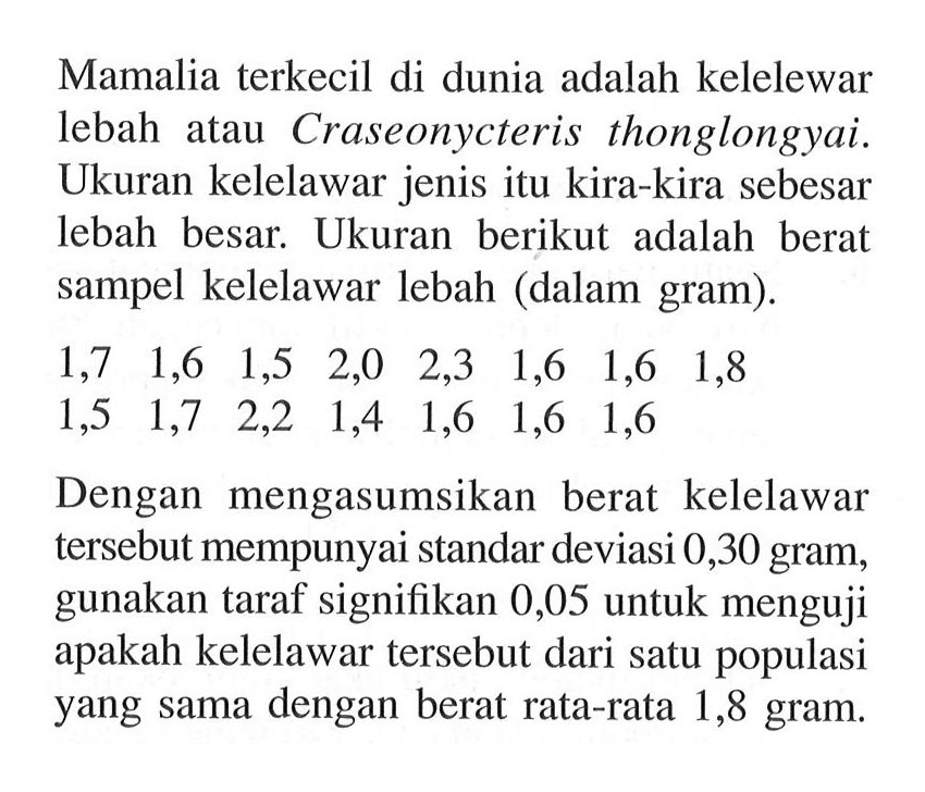 Mamalia terkecil di dunia adalah kelelewar lebah atau Craseonycteris thonglongyai. Ukuran kelelawar jenis itu kira-kira sebesar lebah besar. Ukuran berikut adalah berat sampel kelelawar lebah (dalam gram).1,7 1,6 1,5 2,0 2,3 1,6 1,6 1,8 1,5 1,7 2,2 1,4 1,6 1,6 1,6 Dengan mengasumsikan berat kelelawar tersebut mempunyai standar deviasi 0,30 gram, gunakan taraf signifikan 0,05 untuk menguji apakah kelelawar tersebut dari satu populasi yang sama dengan berat rata-rata 1,8 gram.