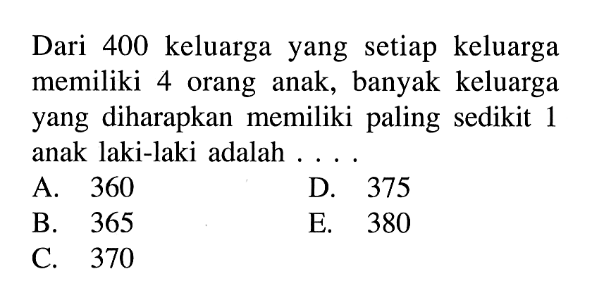 Dari 400 keluarga yang setiap keluarga memiliki 4 orang anak, banyak keluarga yang diharapkan memiliki paling sedikit 1 anak laki-laki adalah ...