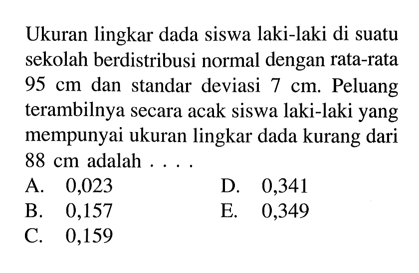 Ukuran lingkar dada siswa laki-laki di suatu sekolah berdistribusi normal dengan rata-rata  95 cm  dan standar deviasi  7 cm . Peluang terambilnya secara acak siswa laki-laki yang mempunyai ukuran lingkar dada kurang dari  88 cm  adalah ...A. 0,023D. 0,341B. 0,157E. 0,349C. 0,159