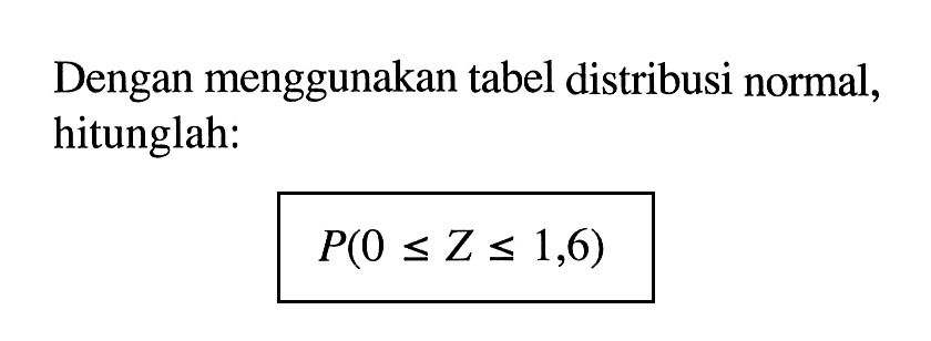 Dengan menggunakan tabel distribusi normal, hitunglah:P(0<=Z<=1,6)