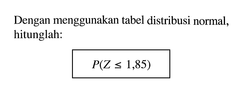 Dengan menggunakan tabel distribusi normal, hitunglah: P(Z <= 1,85)
