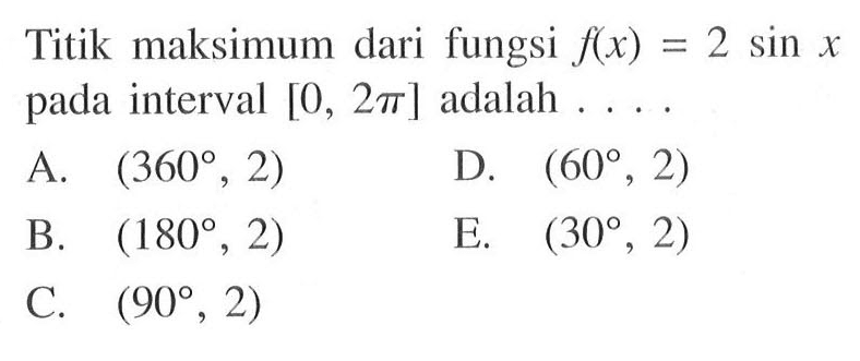 Titik maksimum dari fungsi f(x)=2 sin x pada interval [0,2 pi] adalah ....