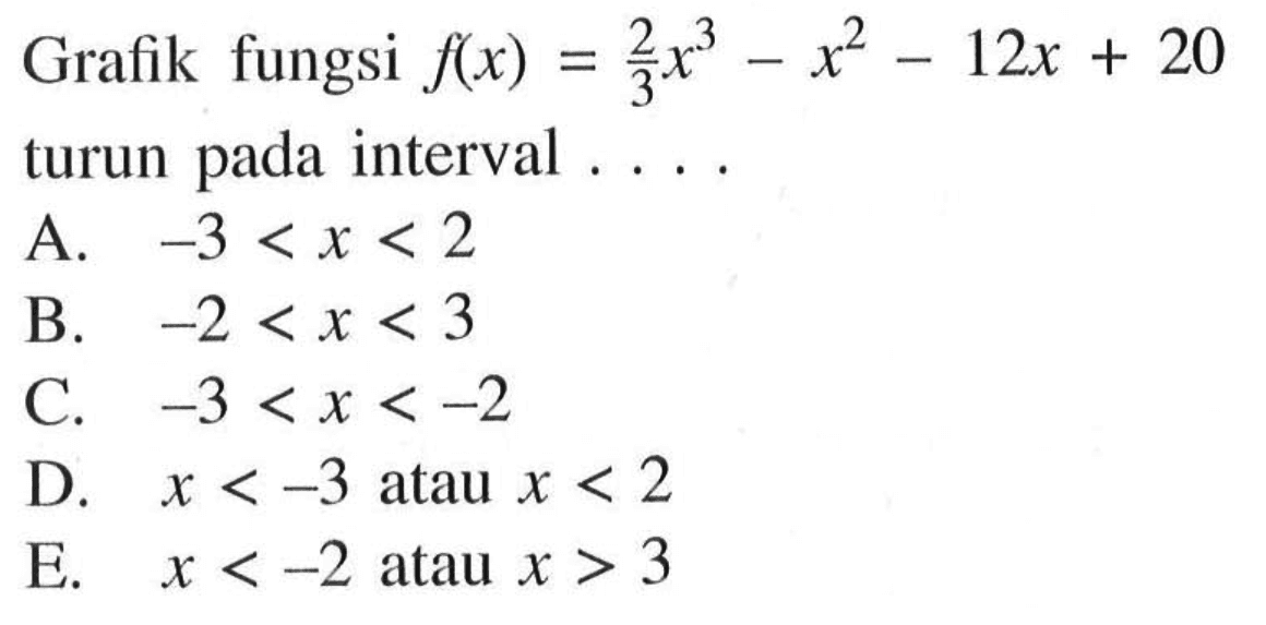 Grafik fungsi  f(x)=2/3 x^3-x^2-12x+20 turun pada interval  ... 