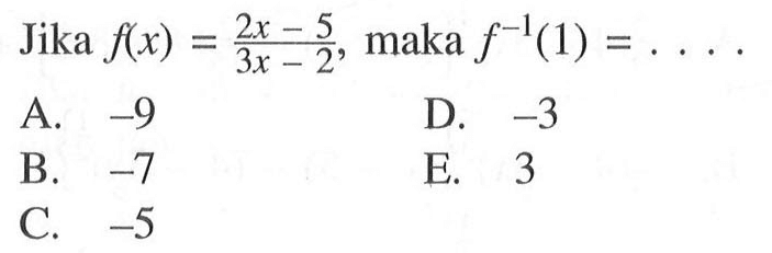 Jika f(x)=(2x-5)/(3x-2), maka f^(-1)(1)=... 