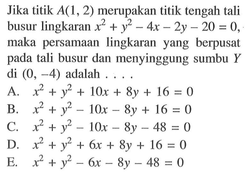 Jika titik A(1,2) merupakan titik tengah tali busur lingkaran x^2+y^2-4x-2y-20=0, maka persamaan lingkaran yang berpusat pada tali busur dan menyinggung sumbu Y di (0,-4) adalah ....