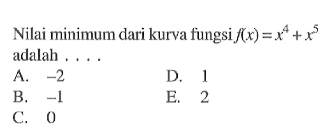 Nilai minimum dari kurva fungsi f(x)=x^4+x^5 adalah ....