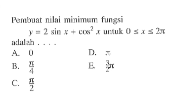 Pcmbuat nilai minimum fungsi y= 2sin x+cos^2 x untuk 0<=x<=2pi adalah