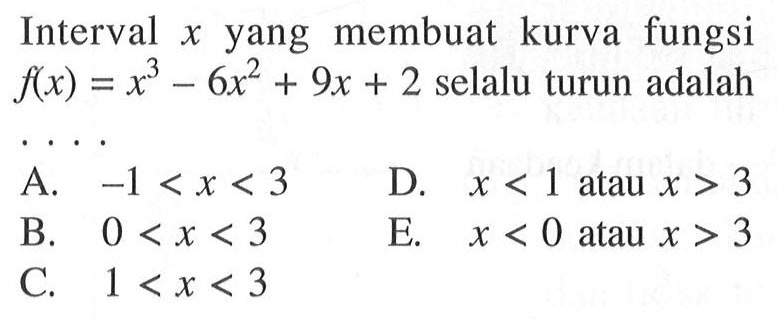 Interval x yang membuat kurva fungsi f(x)=x^3-6x^2+9x+2 selalu turun adalah ....