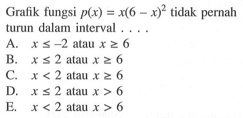 Grafik fungsi p(x)=x(6-x)^2 tidak pernah turun dalam interval ... 