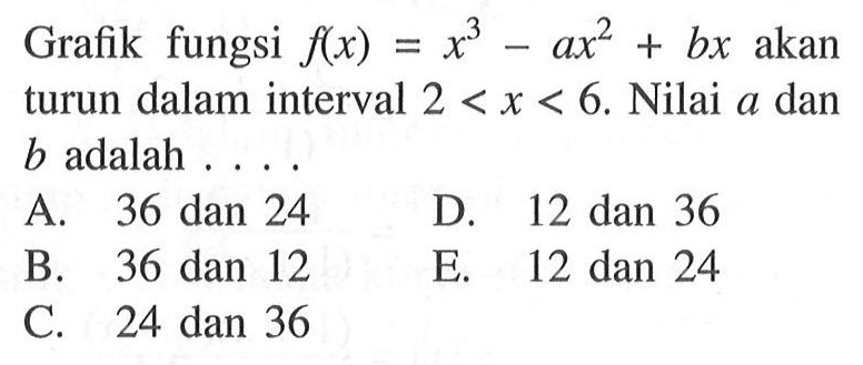 Grafik fungsi f(x)=x^3-ax^2+bx akan turun dalam interval 2<x<6. Nilai a dan b adalah ...