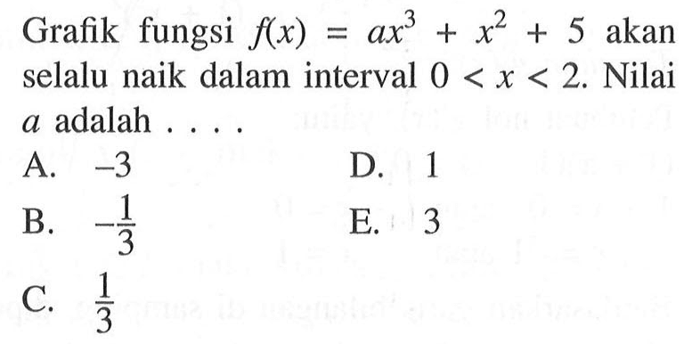 Grafik fungsi f(x)=ax^3+x^2+5 anak selalu naik dalam interval 0<x<2. Nilai a adalah....