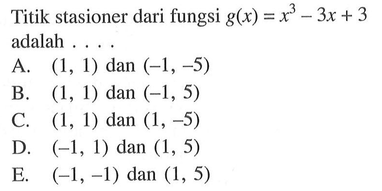 Titik stasioner dari fungsi g(x) = x^3 - 3x + 3 adalah ...