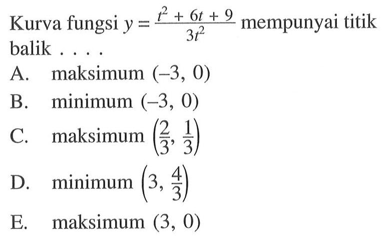 Kurva fungsi y=(t^2+6t+9)/(3t^2) mempunyai titik balik ....